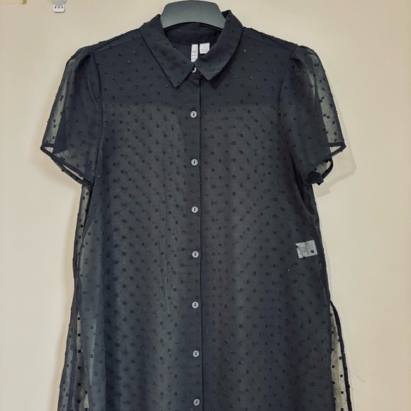 Elle black sheer button up high low short sleeve relaxed long shirt duster Small - Picture 5 of 16